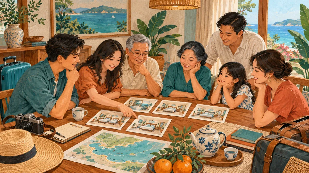 Minh họa AI: gia đình bàn phân chia phòng; không phải nội thất hay cảnh quan D’Lioro