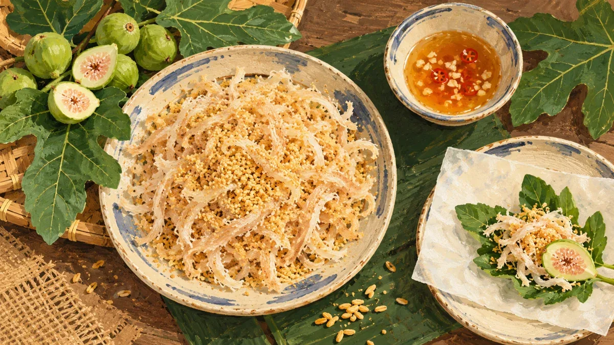 Minh họa AI nguyên bản về nem chạo, rau và bánh đa nem; không phải ảnh sản phẩm tại quán