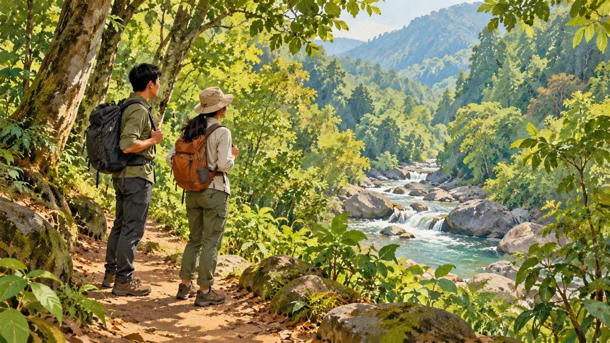 Minh họa AI hai người đi bộ ven suối; không phải ảnh thực địa Lựng Xanh