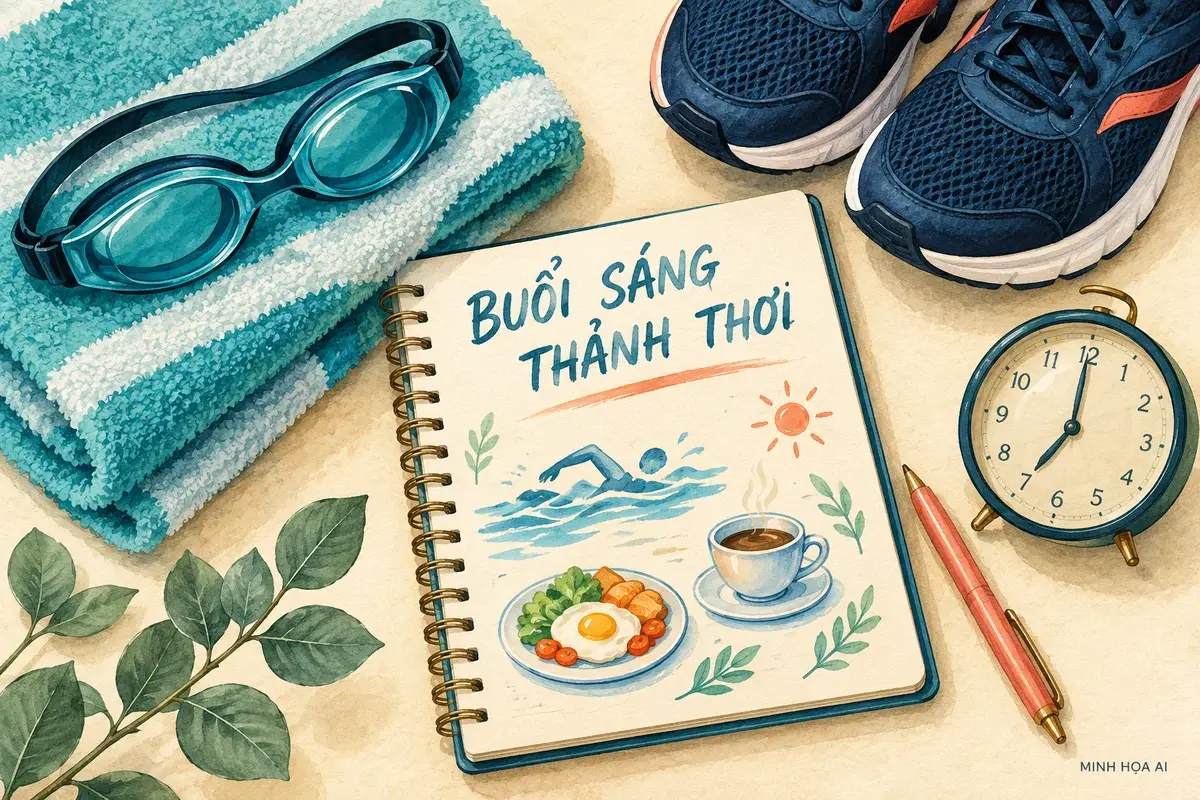Minh họa AI chuẩn bị kính bơi, khăn, giày tập và đồng hồ cho buổi sáng nghỉ tại Paddington Hạ Long