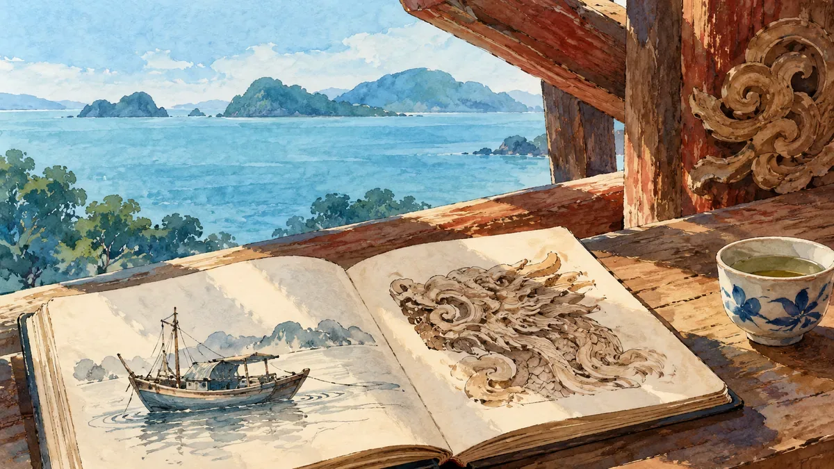 Minh họa AI ý tưởng tìm hiểu văn hóa làng biển, không tái hiện đình Quan Lạn hay cảnh quan thực