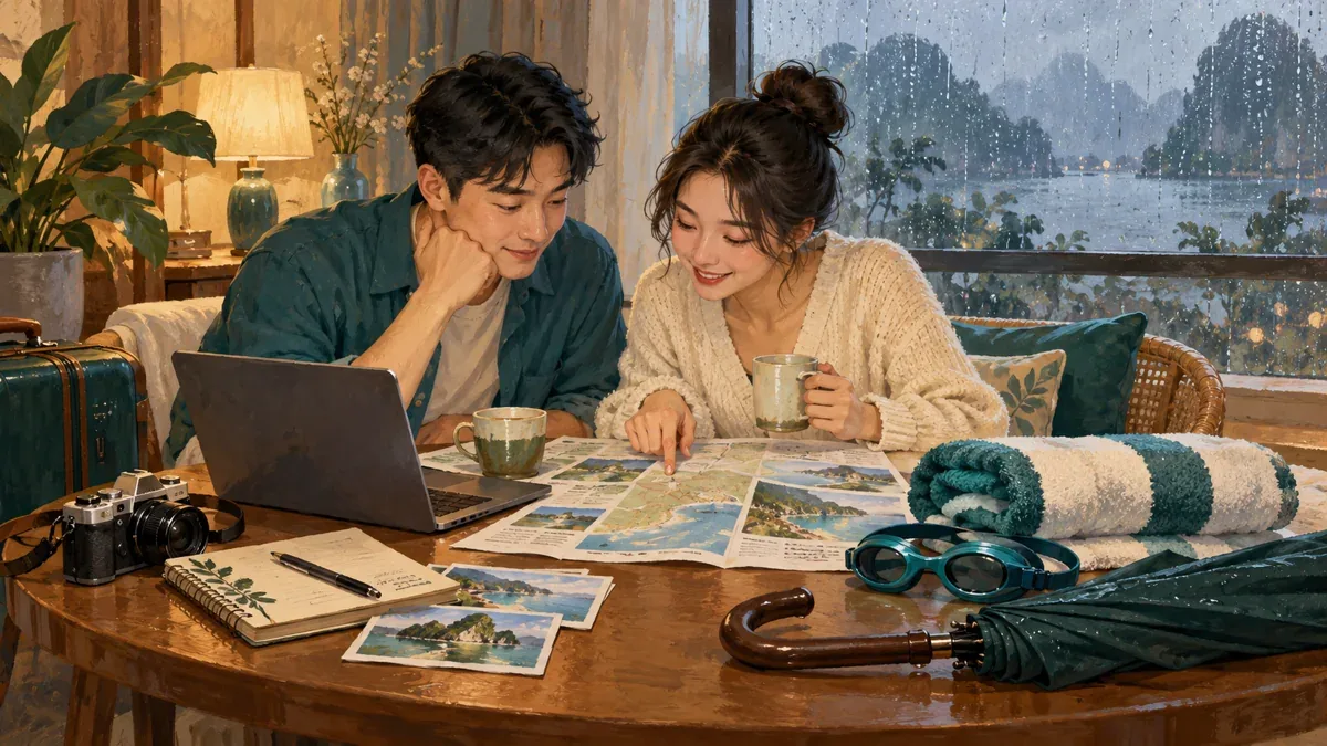 Minh họa AI: đôi bạn lên kế hoạch nghỉ trong ngày mưa, không phải ảnh DeLaSea