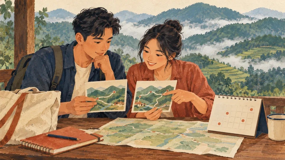 Minh họa AI: hai du khách đối chiếu lịch và điểm đến, không phải bản đồ hay cảnh chợ Bình Liêu thực tế
