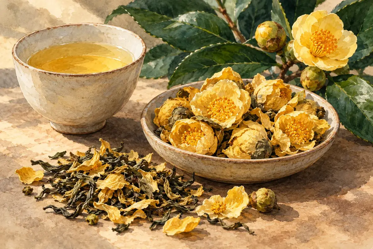 Minh họa AI về hoa, lá và chén trà; không phải ảnh sản phẩm thực tế ở Ba Chẽ