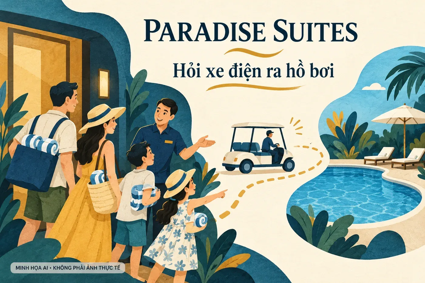 Minh họa AI cho việc hỏi xe điện ra hồ bơi tại Paradise Suites Tuần Châu, không phải ảnh khách sạn thực tế