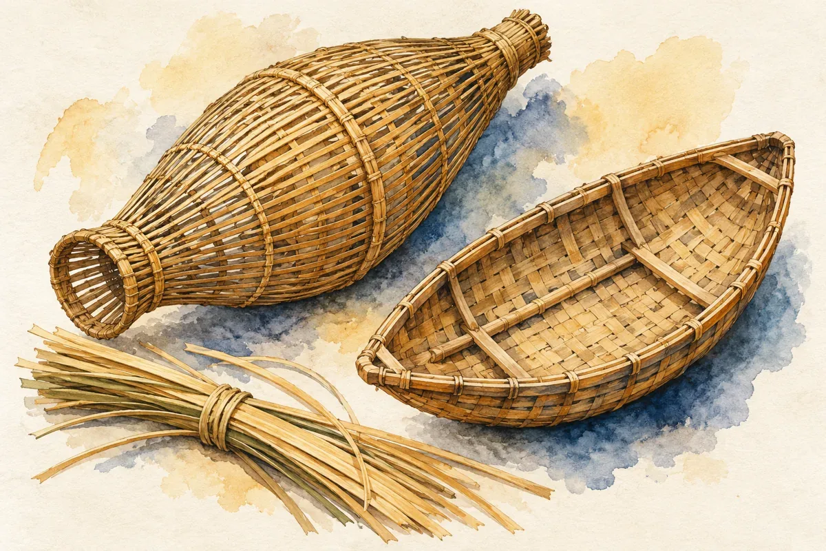 Minh họa AI ngư cụ tre và mô hình thuyền nan, không phải ảnh hiện vật Hưng Học