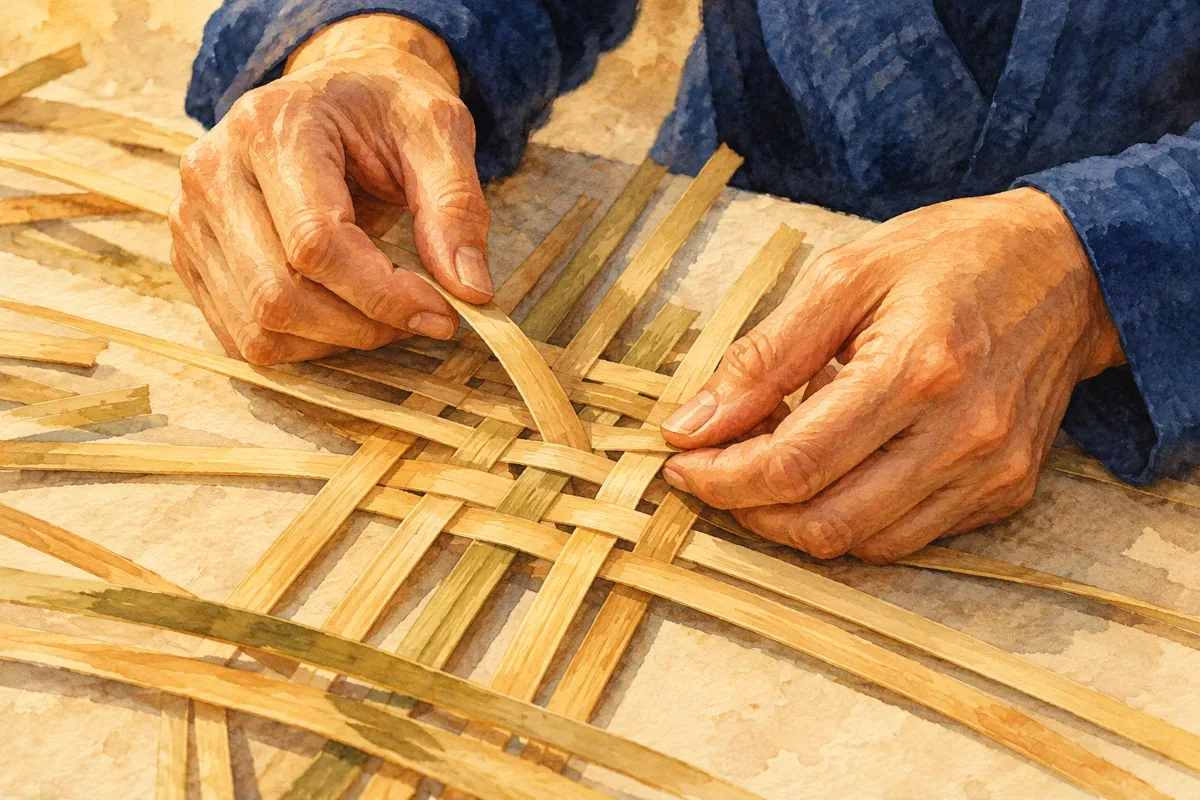 Minh họa AI đôi tay đan nan tre, không phải ảnh nghệ nhân Hưng Học
