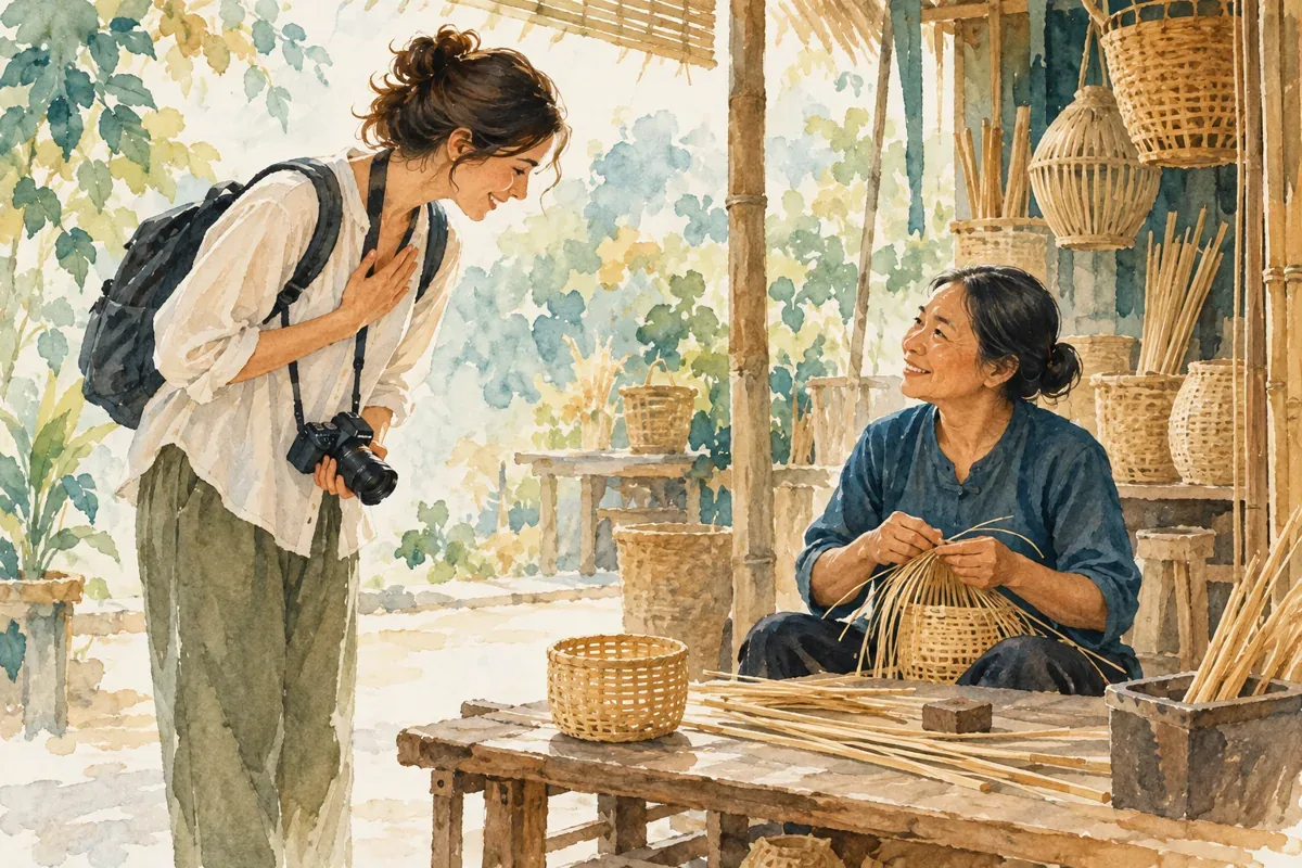 Minh họa AI du khách xin phép người làm nghề trước khi chụp ảnh