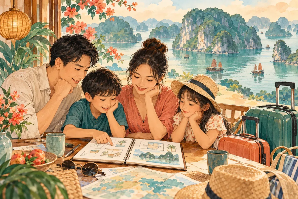 Minh họa AI: gia đình lên kế hoạch nghỉ Hạ Long, không phải ảnh thực tế Citadines Marina Halong.
