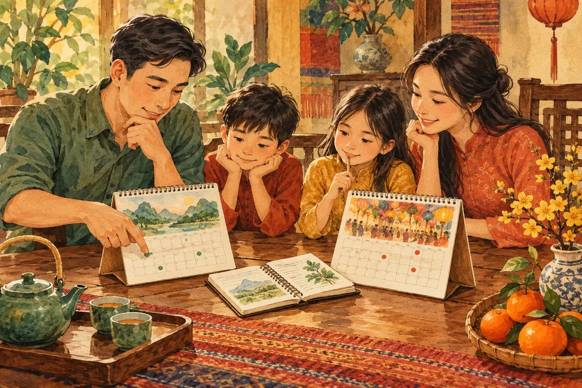 Minh họa AI gia đình cân nhắc lịch thăm di tích và lịch lễ hội, không phải ảnh Đền Cửa Ông