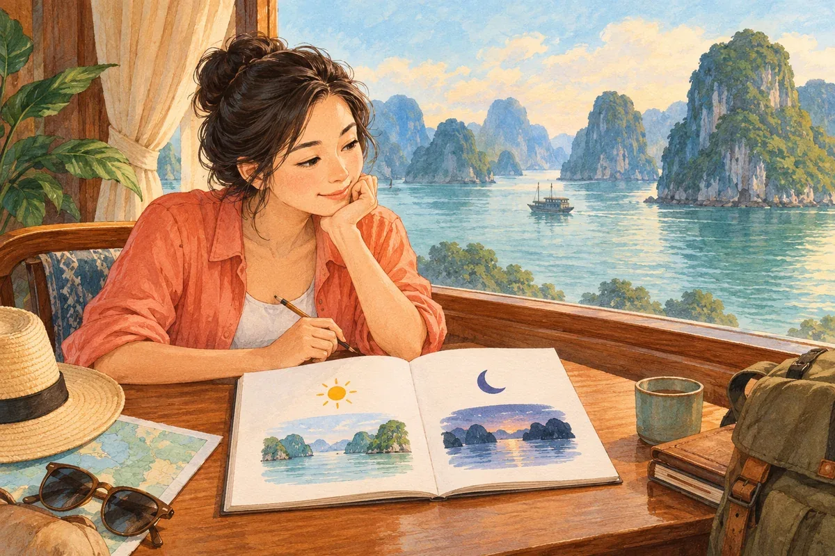 Minh họa AI du khách lên kế hoạch du thuyền Hạ Long một đêm, không phải ảnh tàu Bhaya
