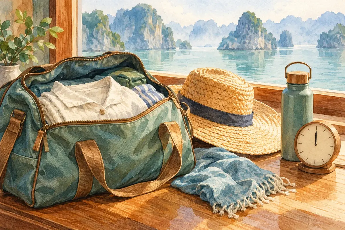 Minh họa AI hành lý gọn nhẹ và đồng hồ khi chuẩn bị chuyến du thuyền