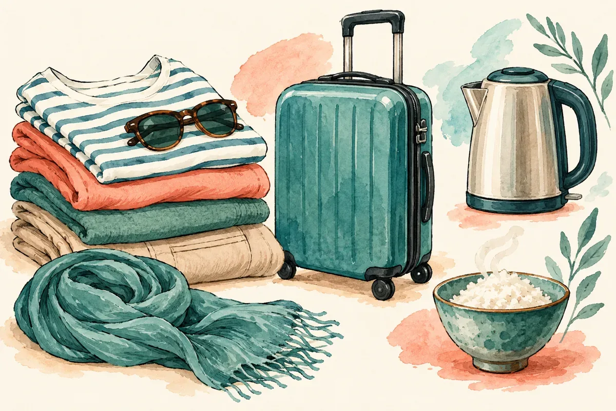Tranh minh họa quần áo, vali, ấm nước và bát cơm gợi nhu cầu sinh hoạt khi đi nghỉ.