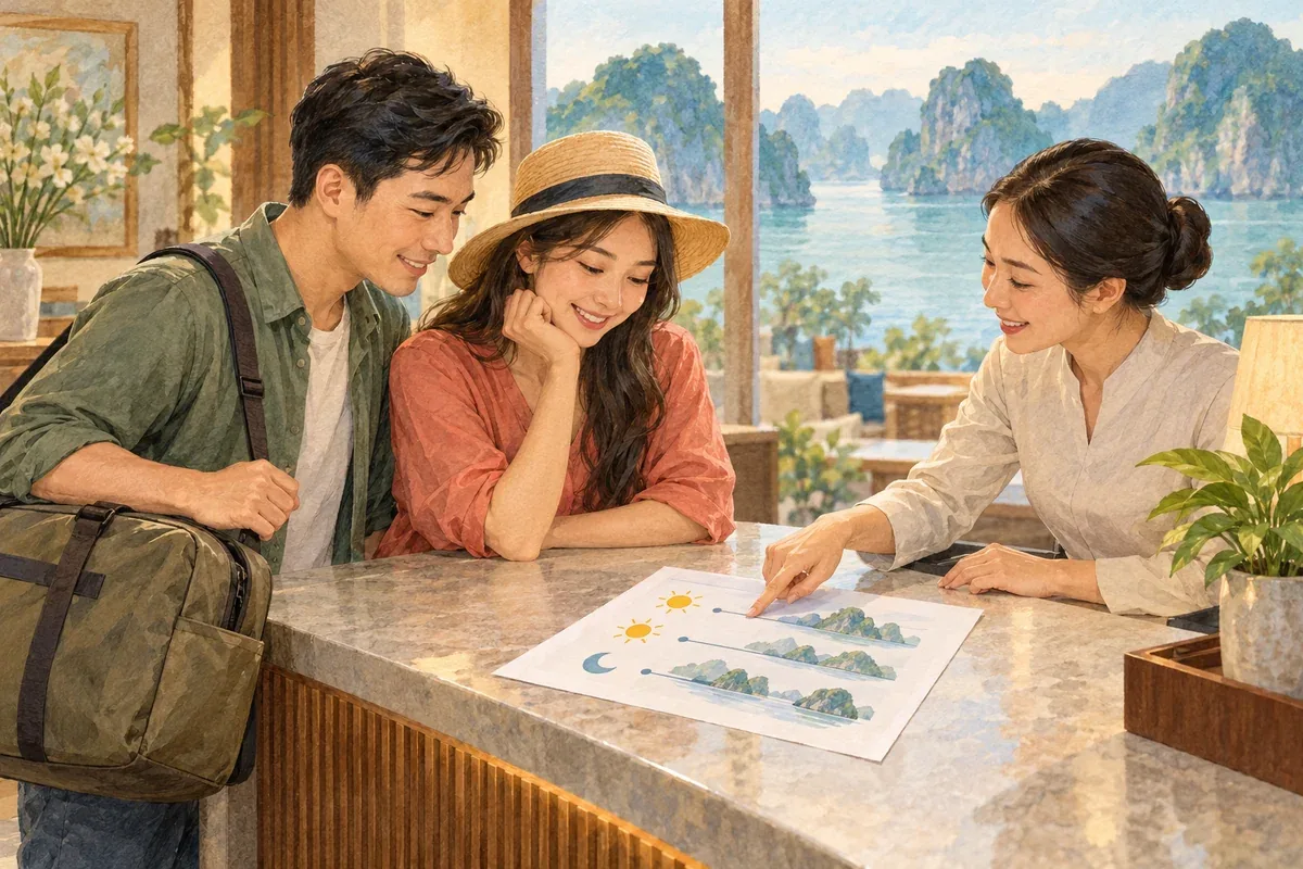 Minh họa AI khách trao đổi lịch trình tại quầy đón tiếp giả định