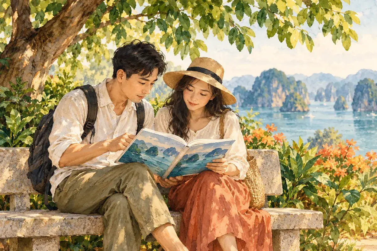 Minh họa AI du khách đọc tư liệu văn hóa trước chuyến đi