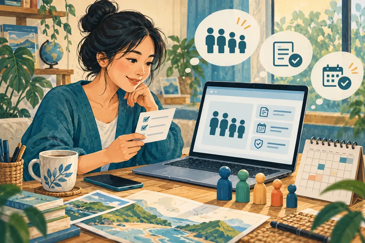 Tranh minh họa người đi du lịch kiểm tra danh sách và thông tin đặt phòng trên máy tính.