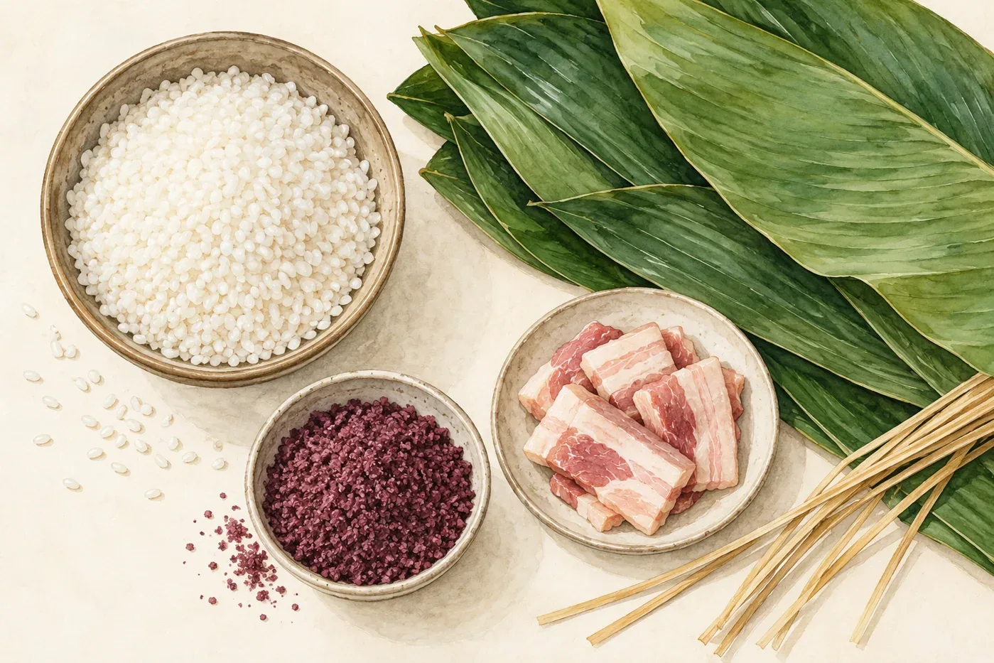 Minh họa AI nếp, thịt, lá xay và lá gói, không dùng nhận dạng cây