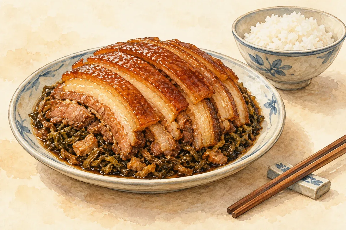 Minh họa AI khâu nhục Tiên Yên với cơm trắng; không phải ảnh món tại một quán cụ thể