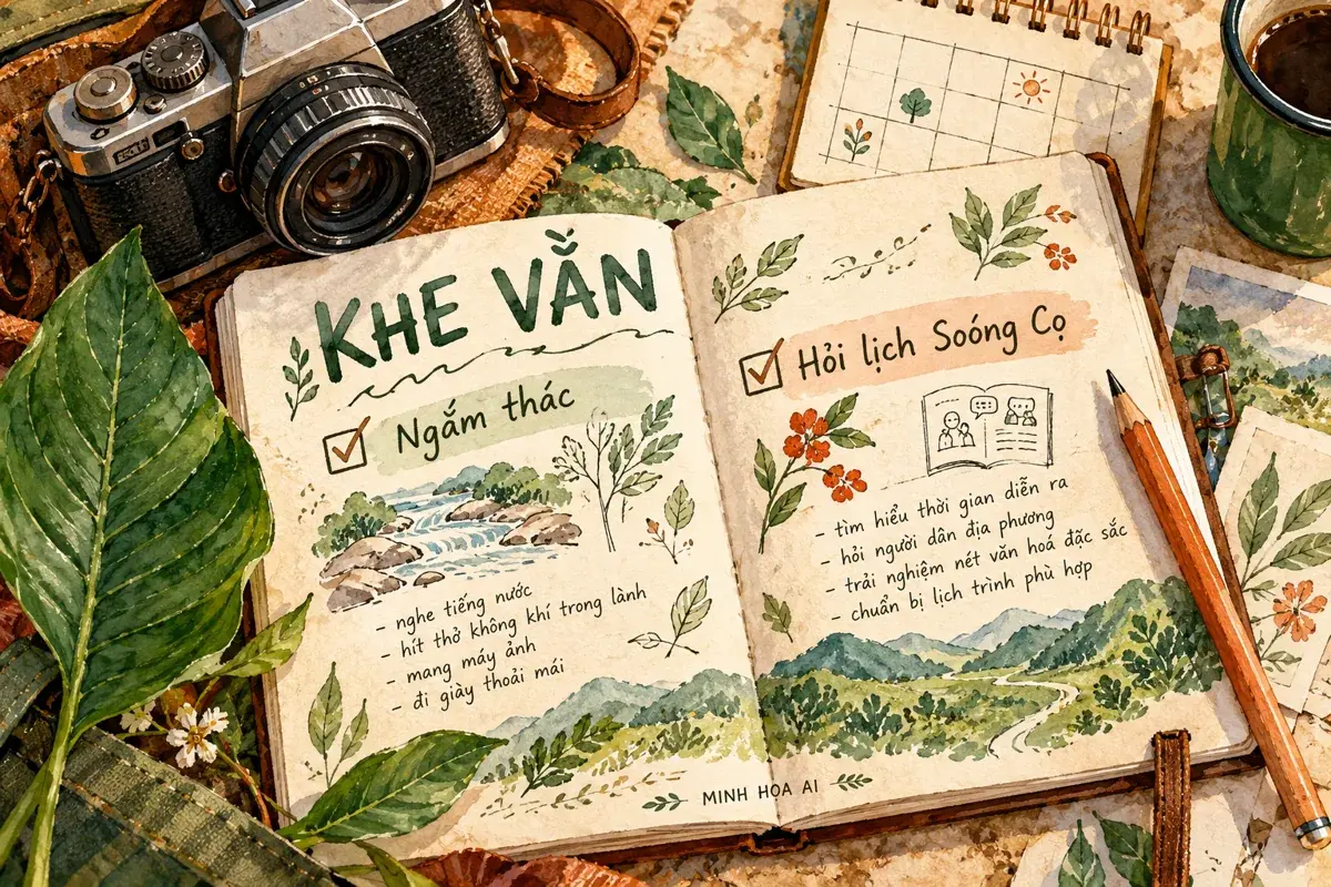 Minh họa AI sổ kế hoạch Khe Vằn, phân biệt ngắm cảnh với hỏi lịch Soóng Cọ; không phải cảnh quan hay bản đồ thật.