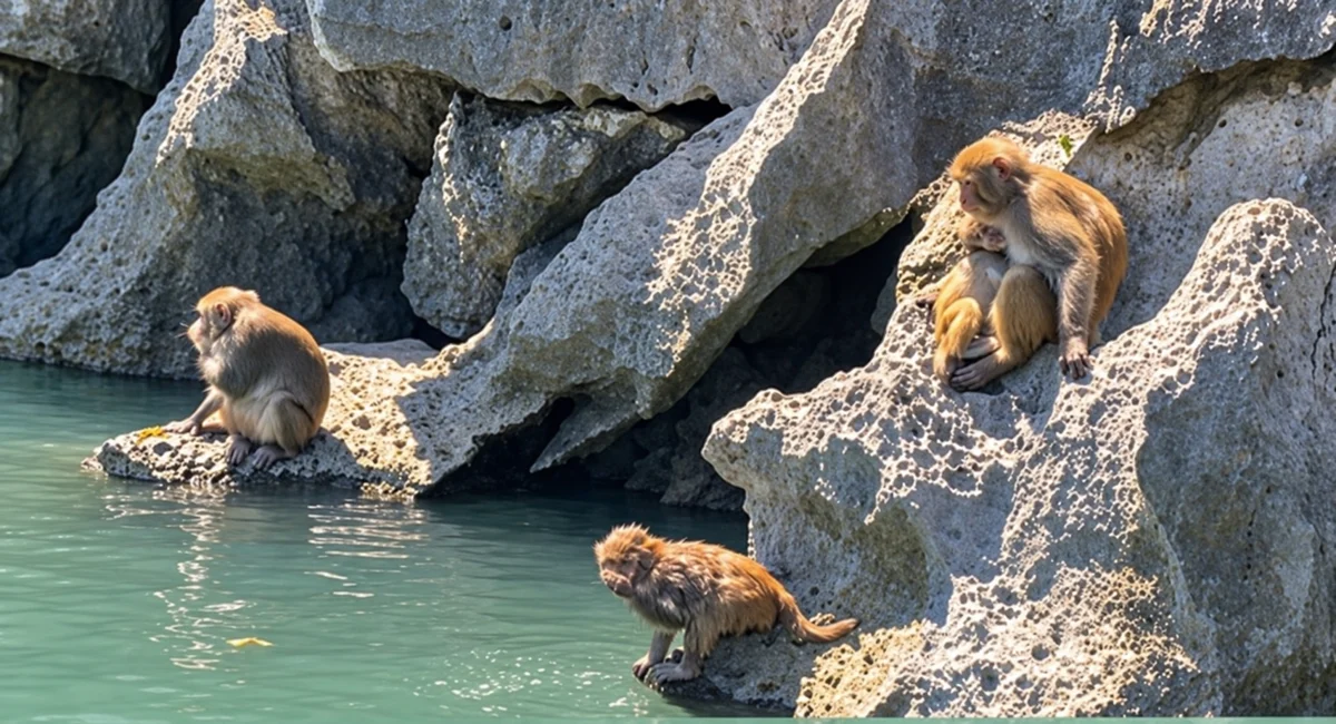 Ba cá thể khỉ vàng trên vách đá cạnh mặt nước Hang Luồn; ảnh tư liệu chỉnh độ rõ bằng AI