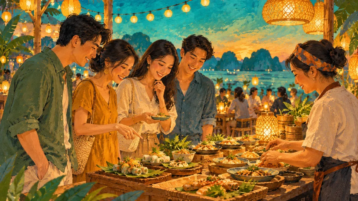 Minh họa AI: khách xem gian ẩm thực trong không gian lễ hội giả định, không phải ảnh Vui Fest.