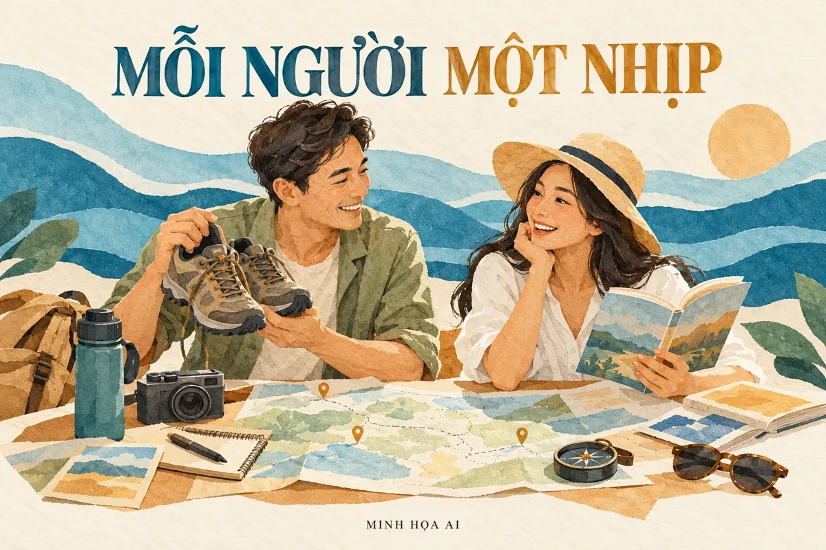Minh họa AI hai người chọn nhịp đi bộ và nghỉ ngơi khác nhau cho chuyến trong ngày
