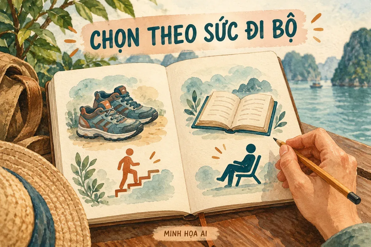 Minh họa AI cuốn sổ so sánh đi bộ lên bậc và nghỉ đọc sách