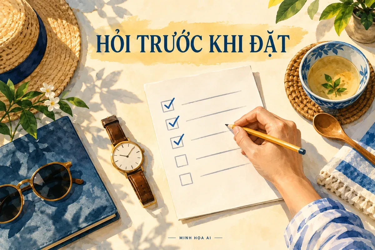 Minh họa AI danh sách câu hỏi về giờ đi, ăn uống và tiện ích trước khi đặt