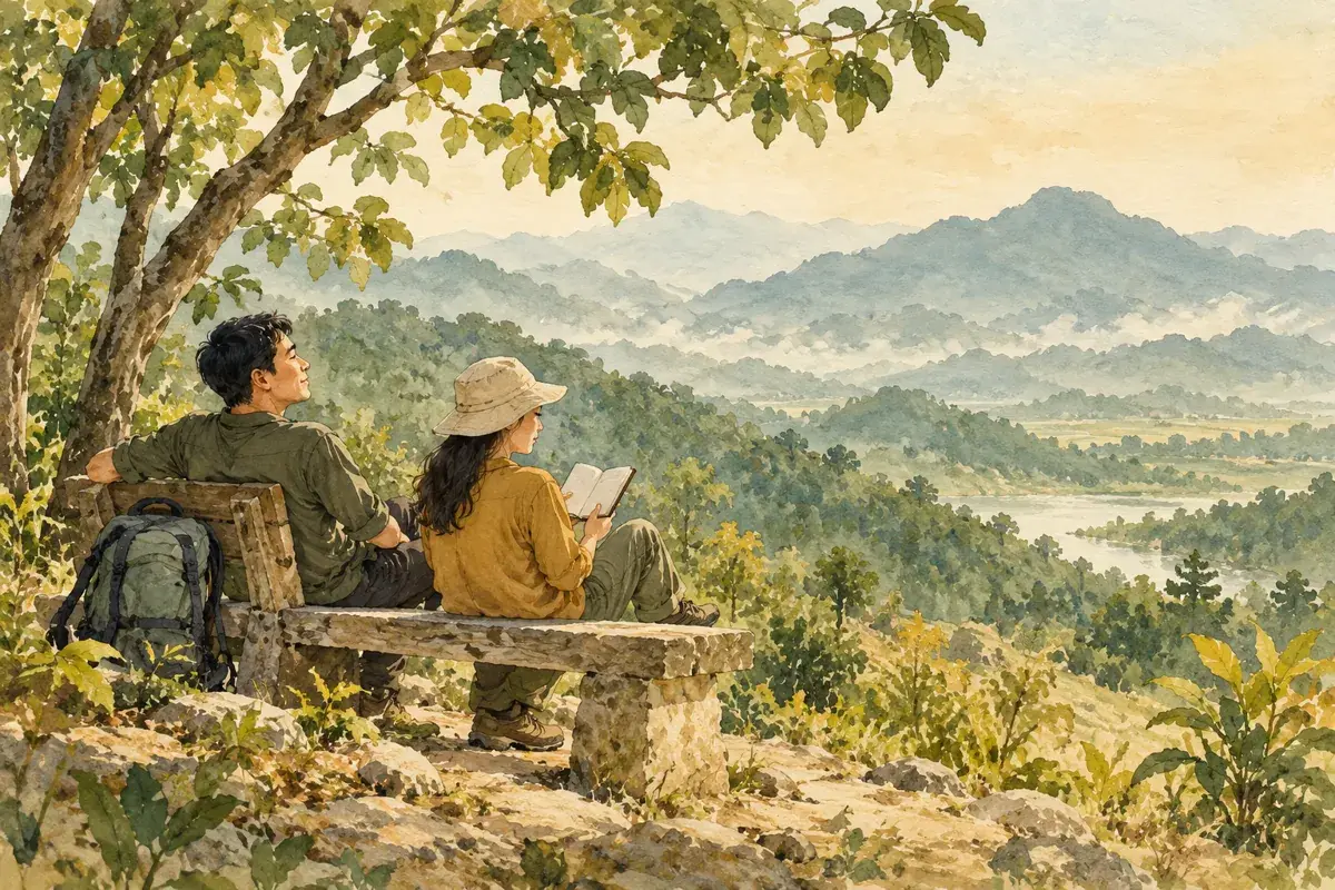 Tranh AI minh họa tách thời gian nghỉ và thời gian lên núi trong chuyến Yên Tử