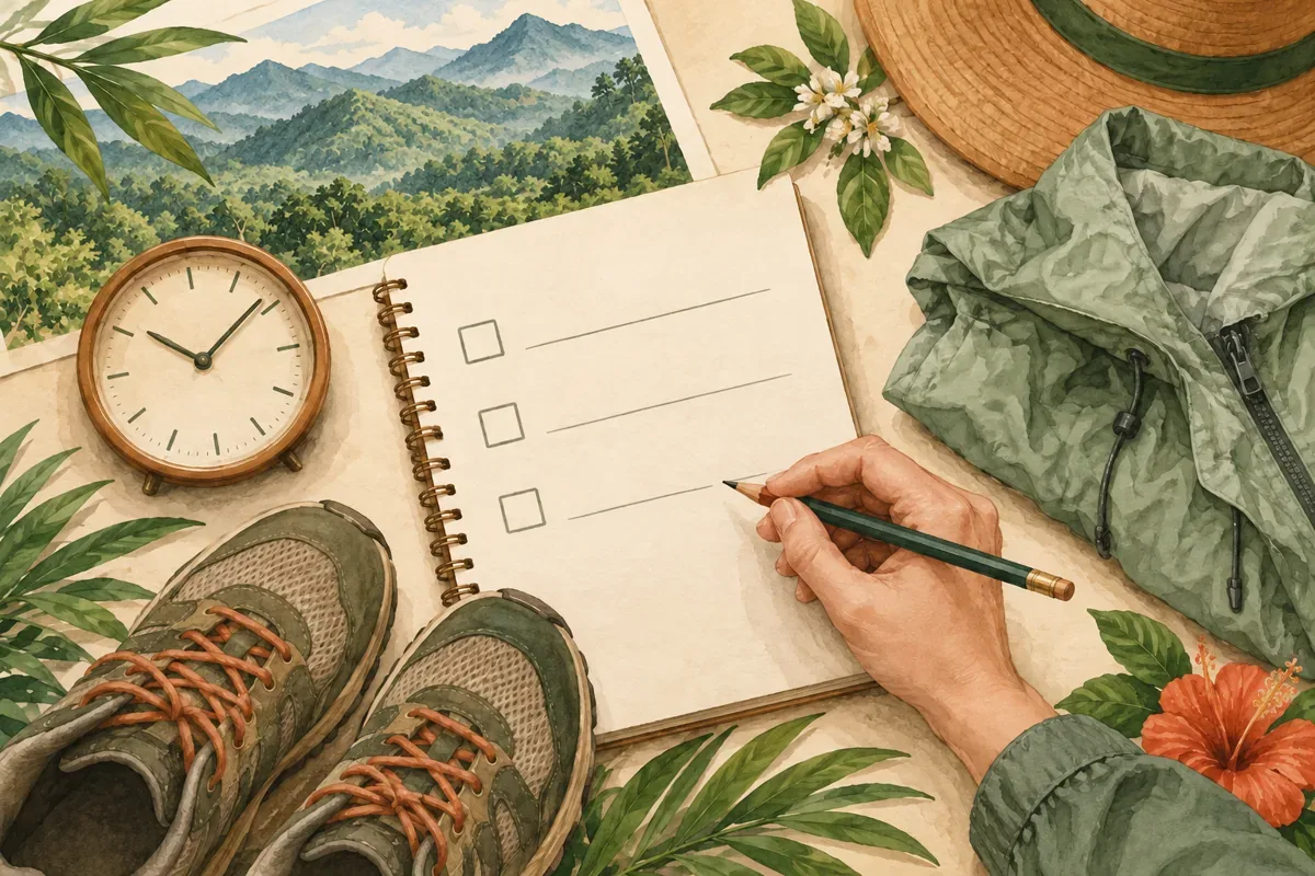 Tranh AI minh họa gia đình kiểm tra lịch trình và dịch vụ trước khi đặt nghỉ Yên Tử
