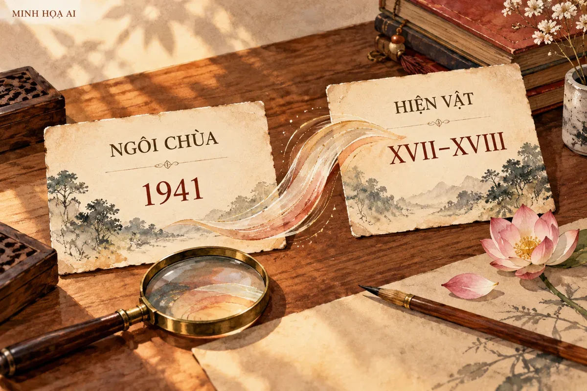 Minh họa AI hai mốc tuổi chùa Long Tiên và hiện vật; không tái hiện di tích