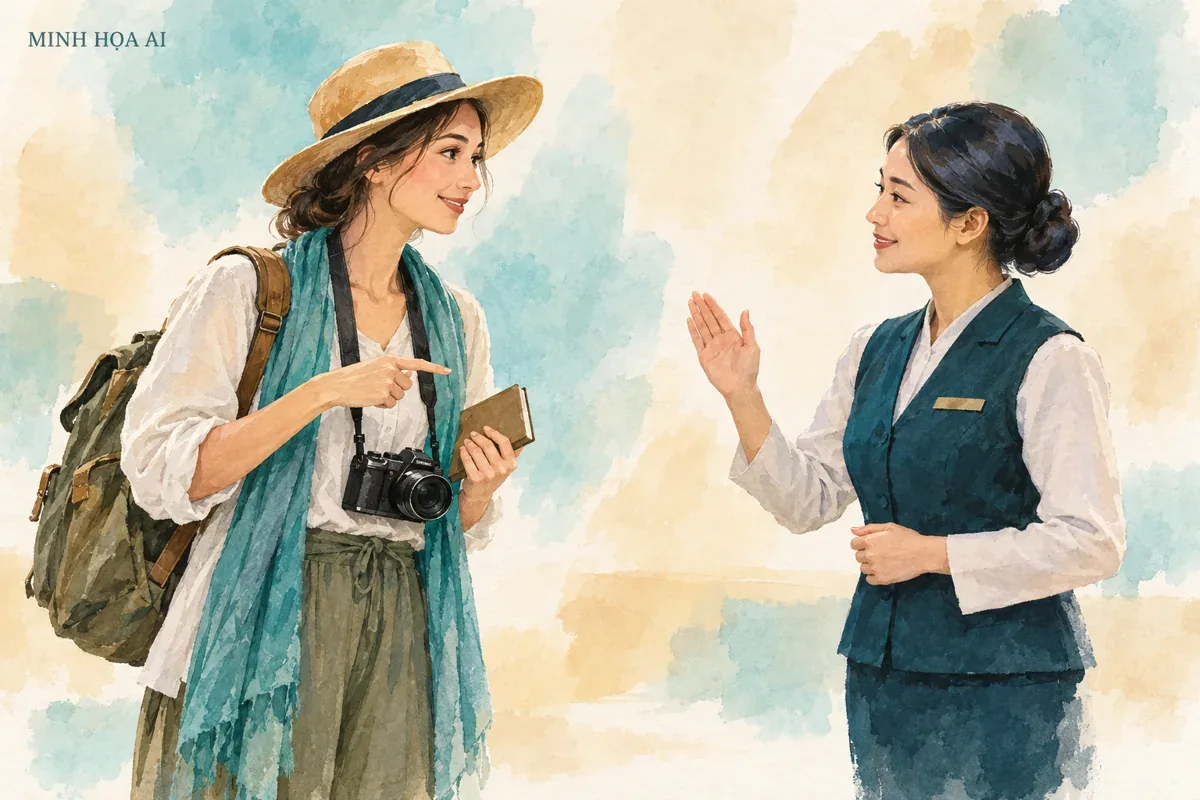 Minh họa AI du khách hỏi trước khi chụp ảnh, không phải người thật tại chùa
