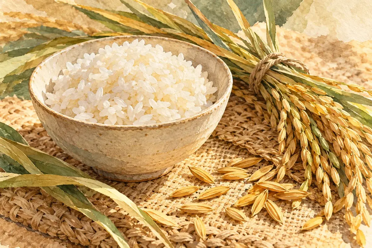 Bát cơm mới và hạt lúa trong tranh minh họa AI, không phải ảnh nghi lễ