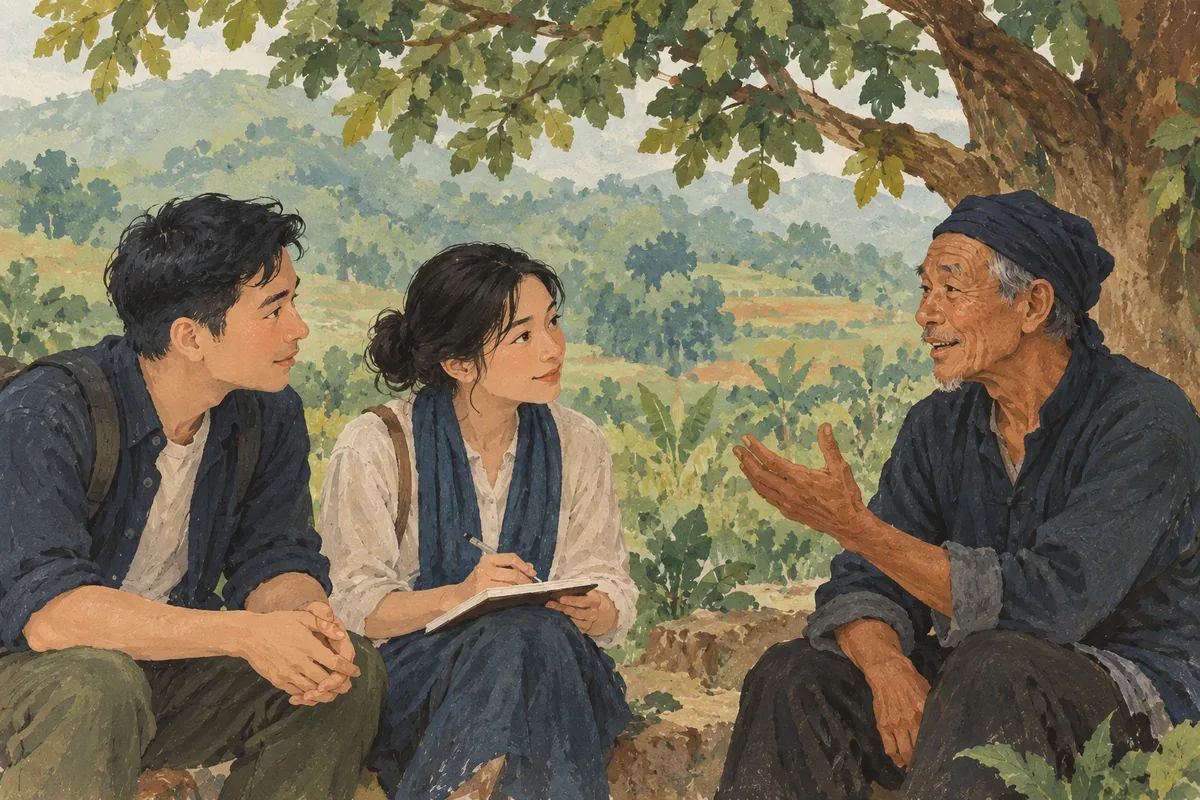 Minh họa AI: khách lắng nghe người kể chuyện dưới tán cây; nhân vật và bối cảnh hư cấu