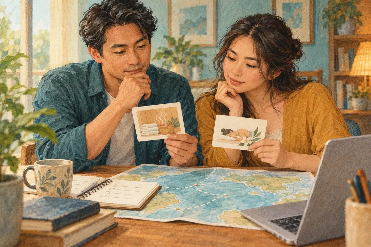Minh họa AI: cặp đôi đối chiếu tiện ích và dịch vụ trước chuyến Lyra Grandeur