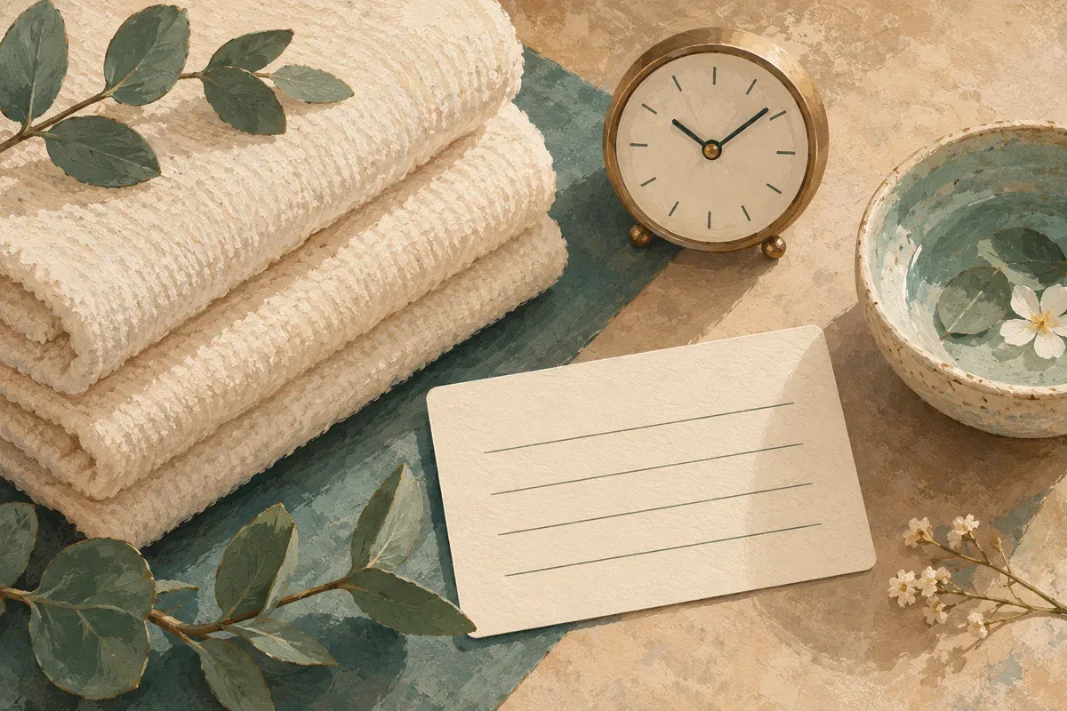Minh họa AI: khăn, đồng hồ và phiếu hẹn liệu trình massage