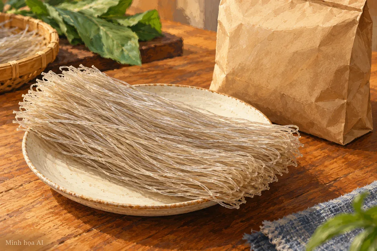 Minh họa AI bó miến khô và túi quà, không phải sản phẩm của cơ sở cụ thể
