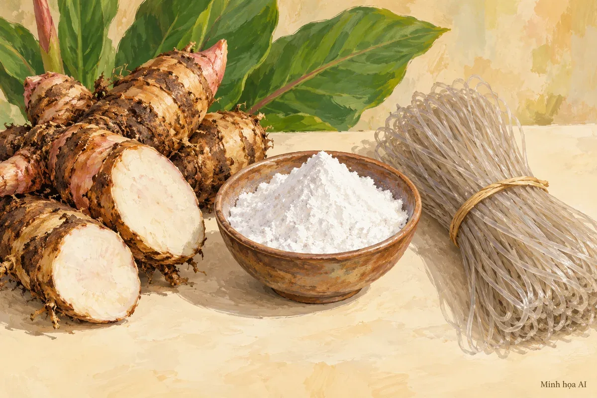Minh họa AI củ dong riềng, tinh bột và miến khô