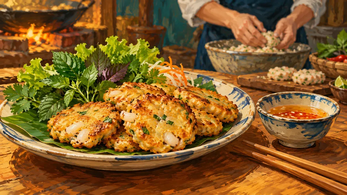 Minh họa AI: đĩa chả mực và thao tác chuẩn bị món ăn, không phải món đã xác nhận tại liên hoan.