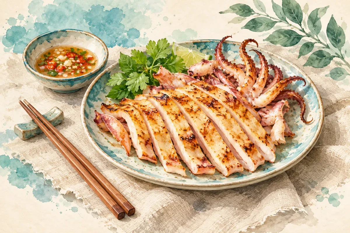 Minh họa AI đĩa mực một nắng nướng cắt miếng, không phải ảnh món ăn thực tế