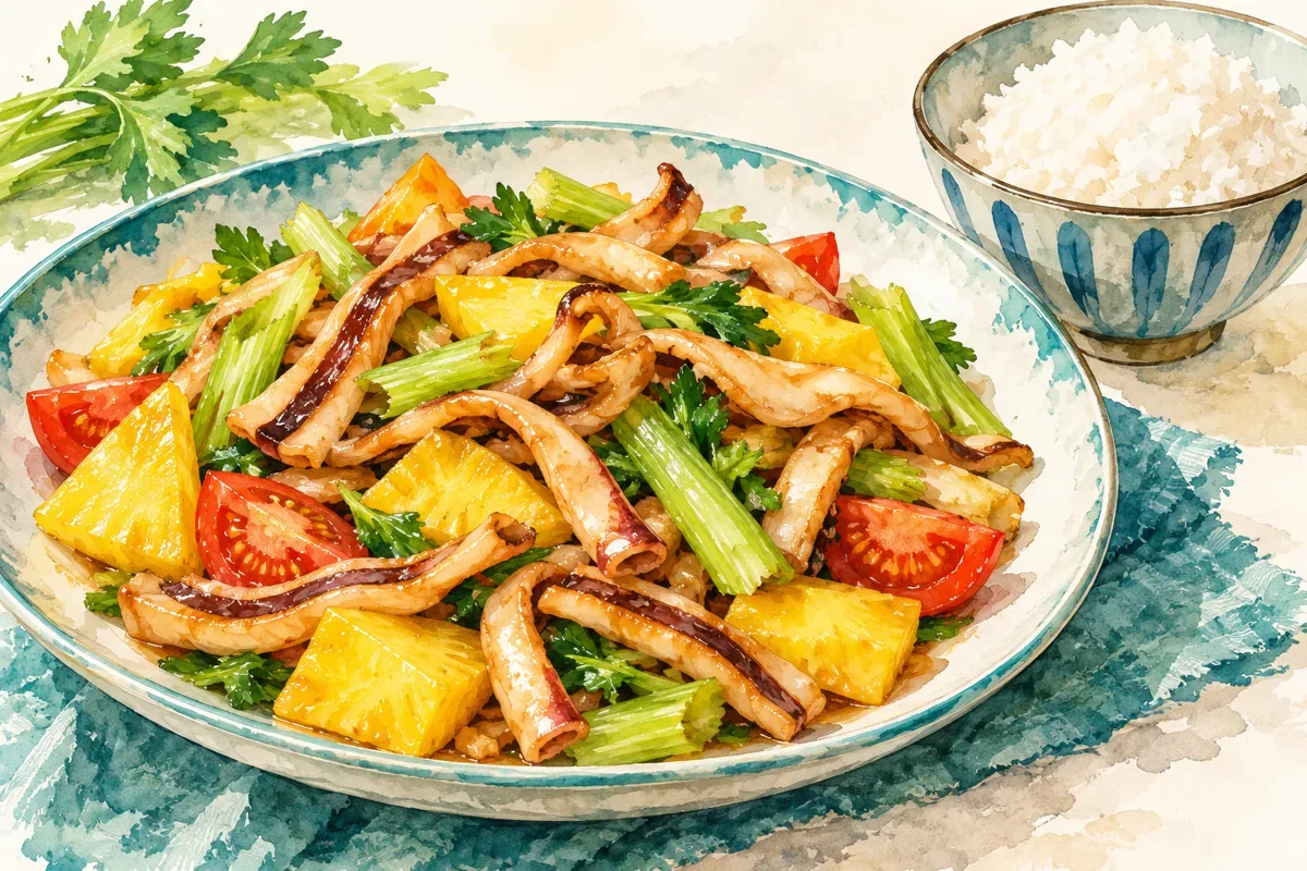 Minh họa AI mực xào dứa, cà chua và cần tây bên bát cơm