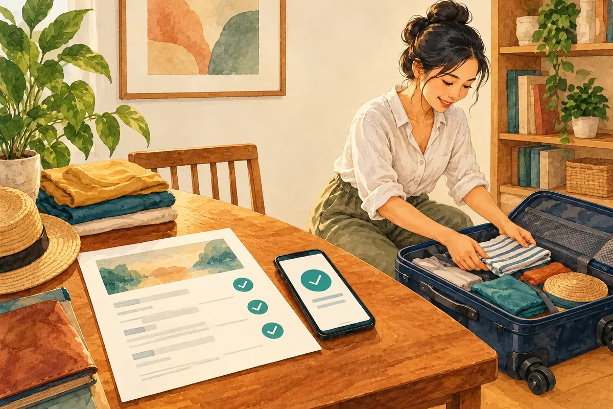 Minh họa AI kiểm tra xác nhận đặt phòng và chuẩn bị hành lý tại nhà