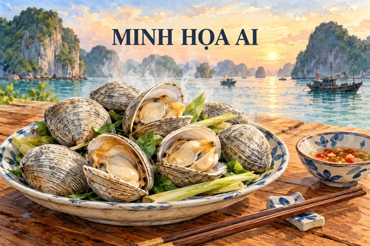 Minh họa AI món ngán hấp trong khung cảnh ven biển tưởng tượng, không phải suất ăn hay địa điểm thực.