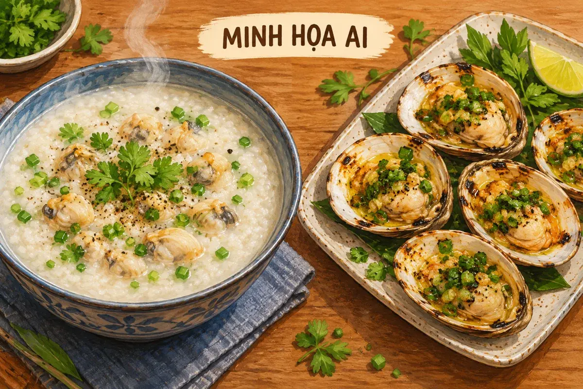 Minh họa AI so sánh cách dùng ngán trong cháo và món nướng mỡ hành, không phải thực đơn thực tế.