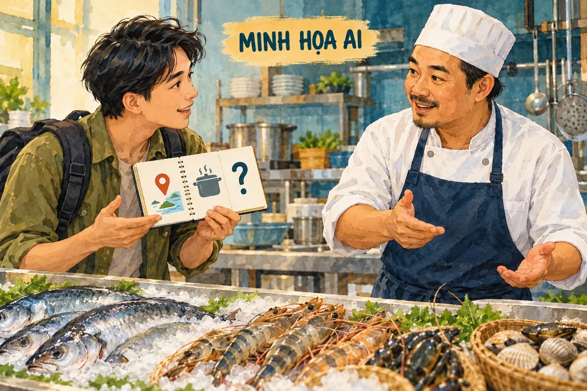Minh họa AI cuộc trao đổi về nguồn gốc và cách chế biến hải sản tại quầy giả định.