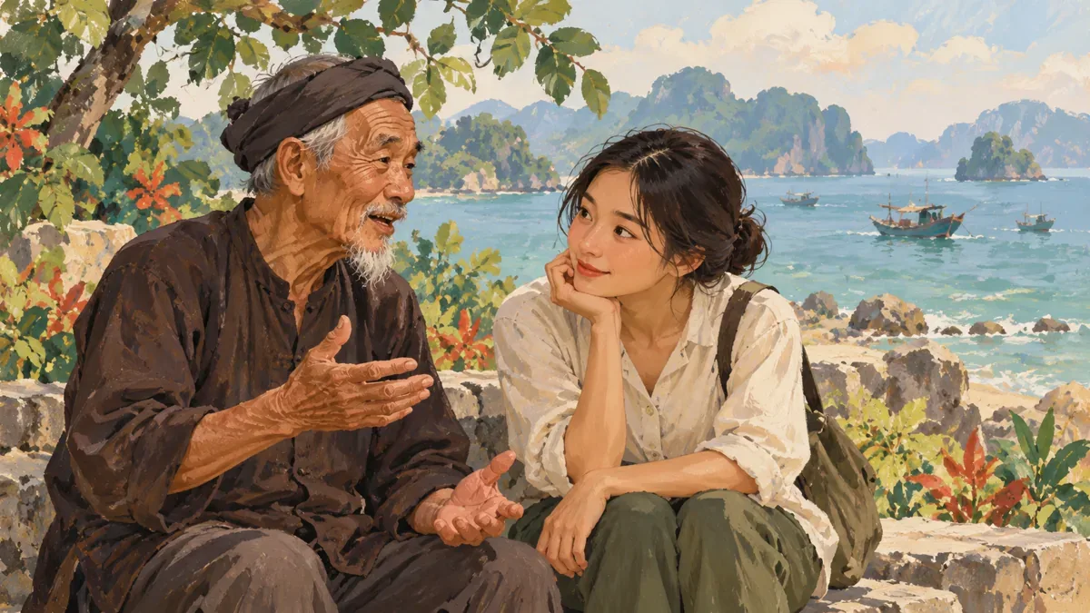 Minh họa AI: du khách lắng nghe chuyện dân gian, nhân vật và bối cảnh hư cấu