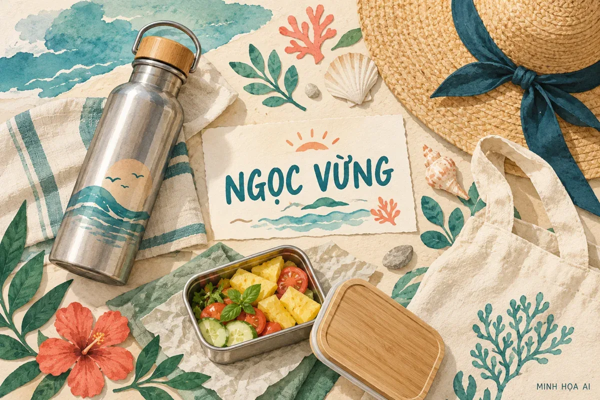 Minh họa AI hành trang ít nhựa đi Ngọc Vừng: bình nước, túi và hộp dùng lại