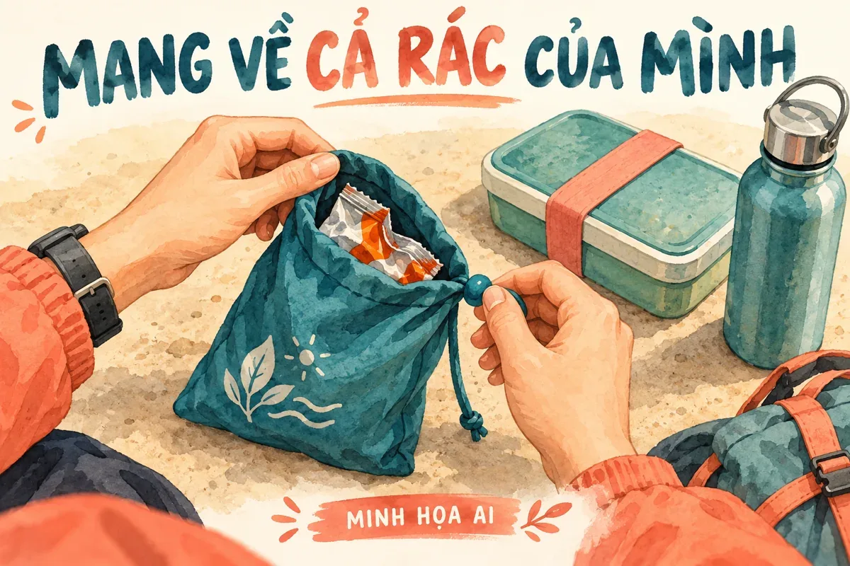 Minh họa AI cất vỏ đồ ăn vào túi cá nhân sau chuyến dạo biển