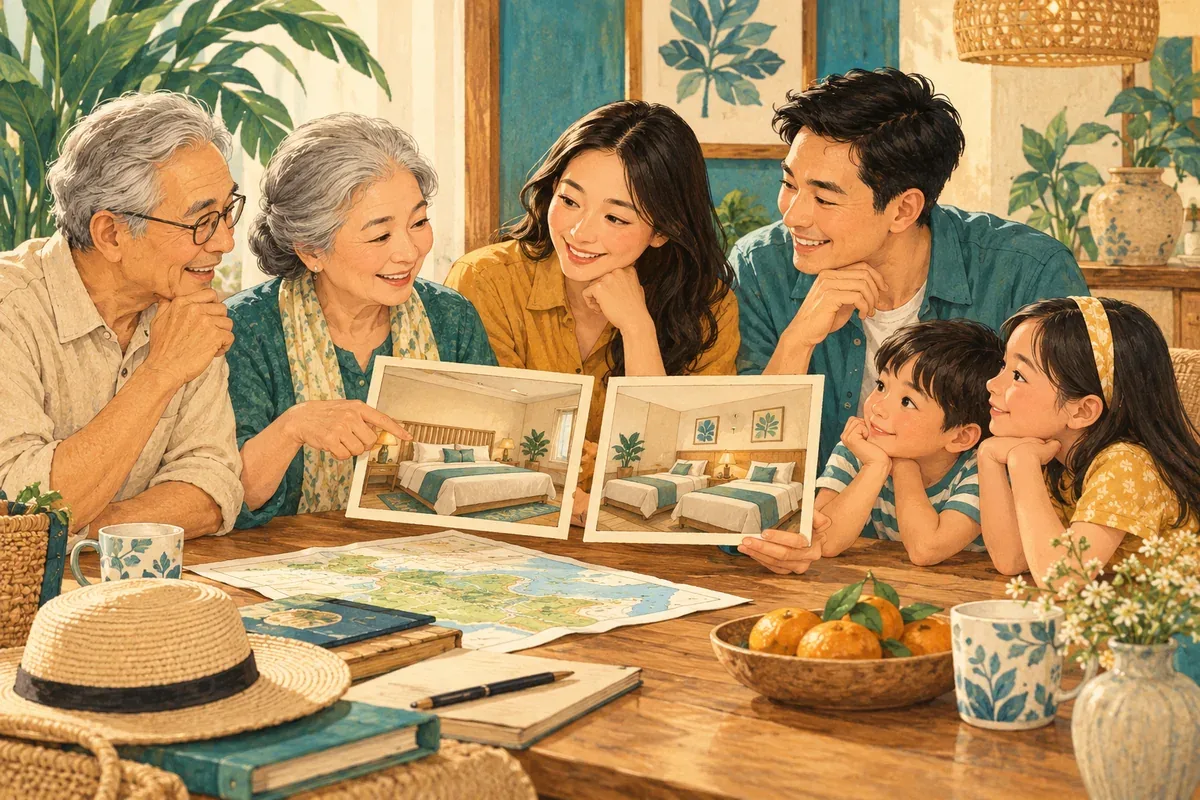 Tranh minh họa AI gia đình nhiều thế hệ bàn về nhu cầu phòng ngủ, không phải ảnh khách tại Novotel