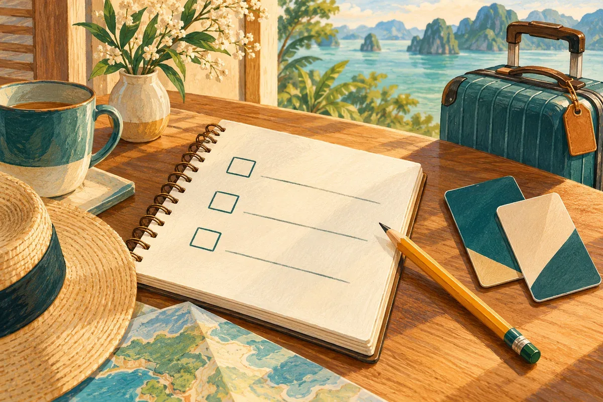 Tranh AI minh họa sổ ghi yêu cầu đặt phòng và thẻ khóa; cảnh nền tưởng tượng, không phải hướng nhìn của khách sạn